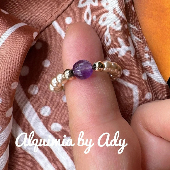 pearls beaded handmade ring dainty band/bohemian/lolita amethyst - Picture 1 of 6